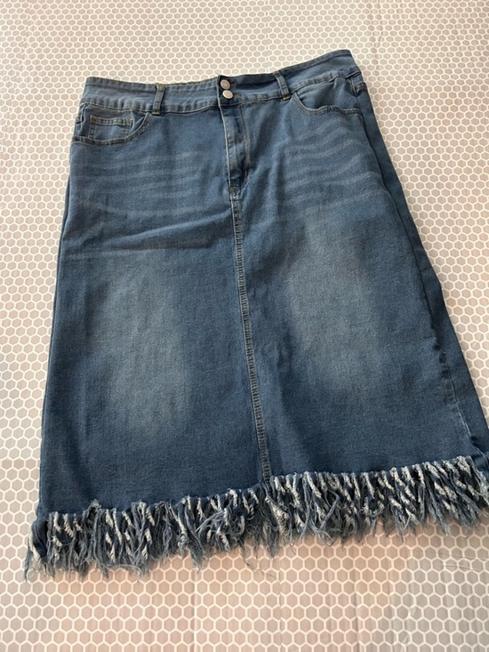 None Dresses & Skirts - Denim Fringe Hem Midi Skirt - Blue    Size XL